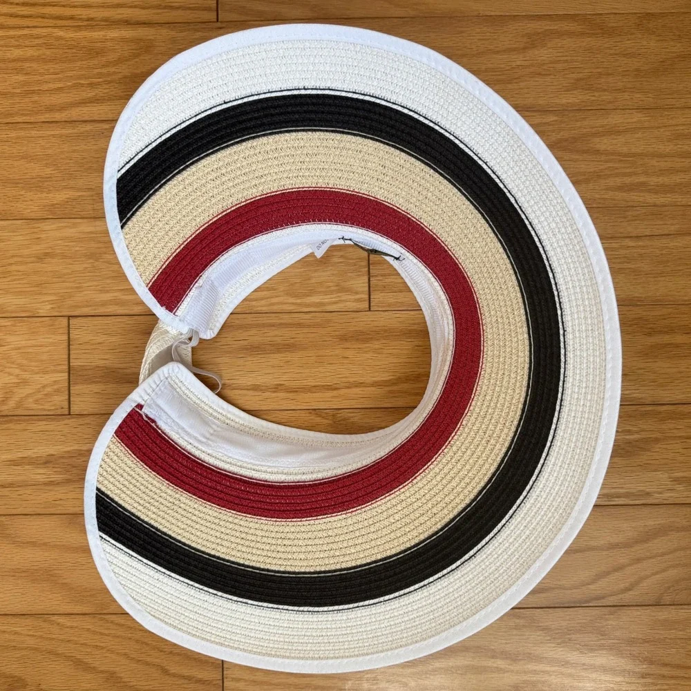 Magid OS Multicolor Straw Visor Hat Striped Bow Back Roll Up Sun Beach Accessory